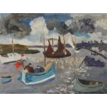 Lucy Harwood (1893-1972), boats on a river, oil on canvas, signed to reverse, housed in an oak