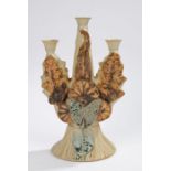 Bernard Rooke pottery three branch candelabra, the sconces above a central section with raised