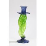 James Carcass art glass candlestick, with blue sconce and foot linked by a twisted lime green