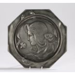 WMF pewter card tray, of octagonal form, the central field decorated with a lady with flowing