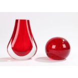 Whitefriars ruby glass paperweight with internal bubble decoration, Whitefriars teardrop shaped vase