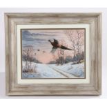 Mark Chester FWAS (Contemporary), Pheasants in flight over a winter landscape, signed acrylic on