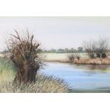 Riverside scene with trees to the riverbanks, circa 1970, unsigned watercolour and gouache, housed
