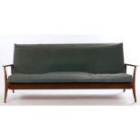 Mid 20th Century three seater settee/daybed, with blue tweed style upholstered back and seat, show-