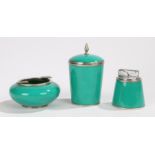 Japanese smokers set, in green enamel with an ash tray, lighter and dispenser, (3)No visible