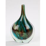 Mdina "tiger" blue, green and yellow art glass vase, the slender tapering neck above a bulbous body,