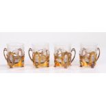 Set of four Sterling Silver gilt and etched glass cups, the glasses with a grape and swirl design