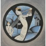 Art Deco style oil on canvas, depicting a lady playing golf, housed in a grey frame, the oil 49cm