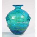 Mdina "pulled ear" blue and yellow art glass vase, the slender neck above a bulbous body with