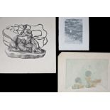 Three unframed etchings, to include figure on a beach, cobwebs and pots, depiction of figures, all