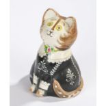 Joan and David De Bethel Rye pottery cat, depicted wearing a black scroll decorated jacket with