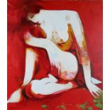 Minas Zakarian (B1955 Armenia), "Meditation", seated female nude on a red background, signed oil