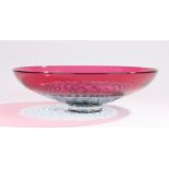 Studio glass bowl in the manner of Bob Crooks, the ruby border surrounding a blue and clear