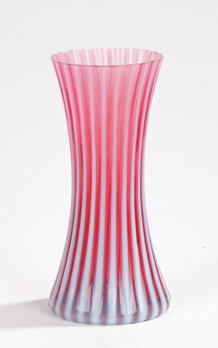 Studio glass vase, of waisted form, with puce and white striped vertical decoration, 25cm