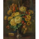 Winnie Marchant (20th Century), still life vase of flowers with a book, unsigned oil on canvas,