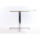 Late 20th century white veneered circular dining table, raised on a cylindrical chrome column and