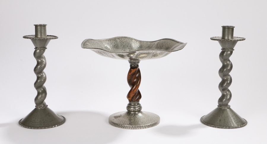 Lion Pewter tazza, with beaten wavy bowl on an oak barley twist central column and beaten pewter
