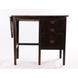 1920's oak desk, with drop leaf to left hand side and three graduated drawers to the pedestal,