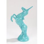 Michael Sutty Porcelain Manufactory porcelain rearing unicorn, in turquoise, 24cm high|No visible