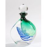Karlin Rushbrooke studio glass scent bottle, with clear glass stopper above a blue, green and