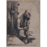 Etching depicting a gargoyle, unsigned, housed in an ebonised glazed frame, the etching 15.5cm x