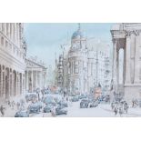 Hugh Mckensie (1909-2005), London street scene, depicting the junction of Threadneedle Street,
