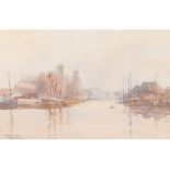 I Christopherson, "Ipswich Dock", signed watercolour, housed in a light wood and gilt glazed