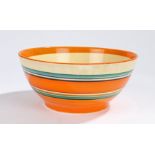 Clarice Cliff Bizarre bowl, the exterior with orange, green, blue and black banded decoration,
