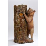 Bretby pottery stick/umbrella stand, in the Black Forest style, with a bear holding onto a tree