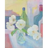 Lamorna Good, "White roses and bottles", signed oil on canvas board, housed in a white painted