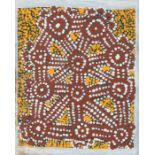 Aboriginal dot painting, red bands with white dots and yellow edge, 19cm x 24cm