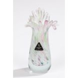 Isle of Wight orchid vase, the flared reeded necks above a tapering white, puce and green mottled