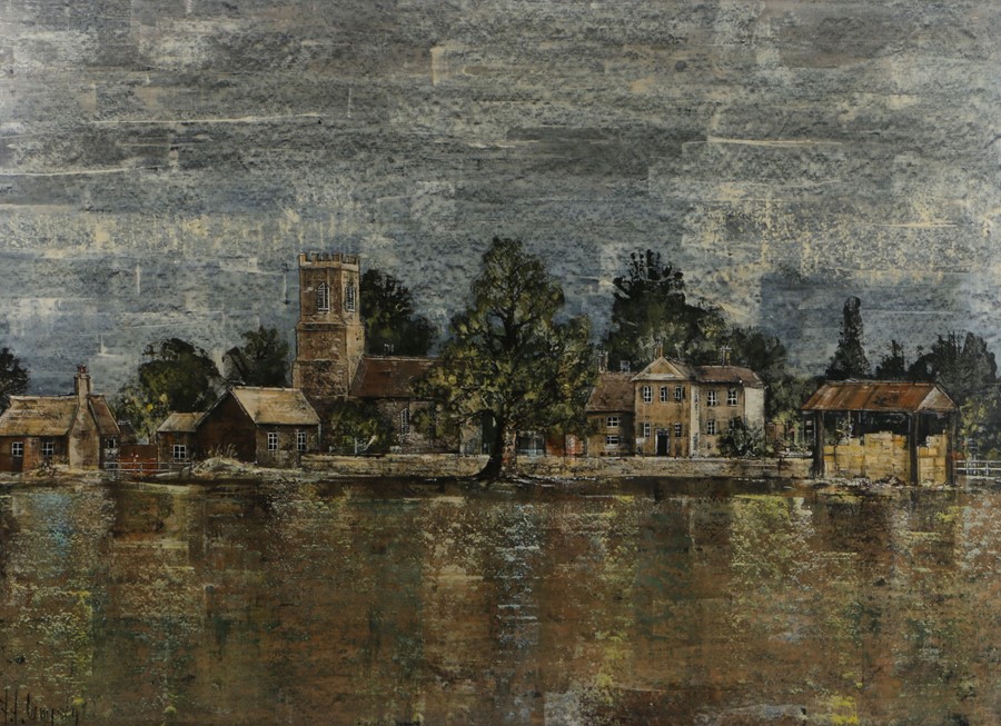 F.L. Dempsey, Landscape scene with church, houses and hay barn, signed oil on canvas, housed in a