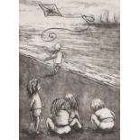 Wendy Bird, children on a beach with one flying a kite, signed etching, unframed, the etching 19cm x