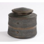 Jason Wason art pottery pot and cover, with domed cover above a black body with copper effect stripe