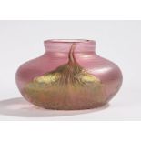 Loetz style glass vase, in a pink and lustre design to the squat form vase, 8cm highNo visible