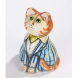 Joan and David De Bethel Rye pottery cat, depicted wearing a blue striped jacket with cartouche to