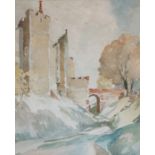 Framlingham castle from the moat, watercolour, housed in a light oak frame, the watercolour 23.5cm x