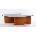 Tom Schneider coffee table, the oval glass top above a serpentine form bentwood base, the base 109cm