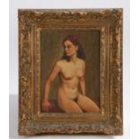 20th Century German school, Nude of a lady, unsigned oil on board, inscription to the reverse,