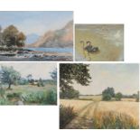 Watercolour depicting a riverside scene, oil on canvas depicting two black swans, , Nancy Hanna,