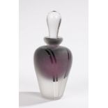 Matt glass scent bottle, the clear glass stopper above a line decorated purple and frosted glass