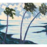 Lamorna Good, palm trees on the coast, oil on board dated '16, housed in a white painted frame,