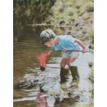 Carol Critoph (B1950), young boy pond dipping with a net, signed pastel dated 2001, housed in a