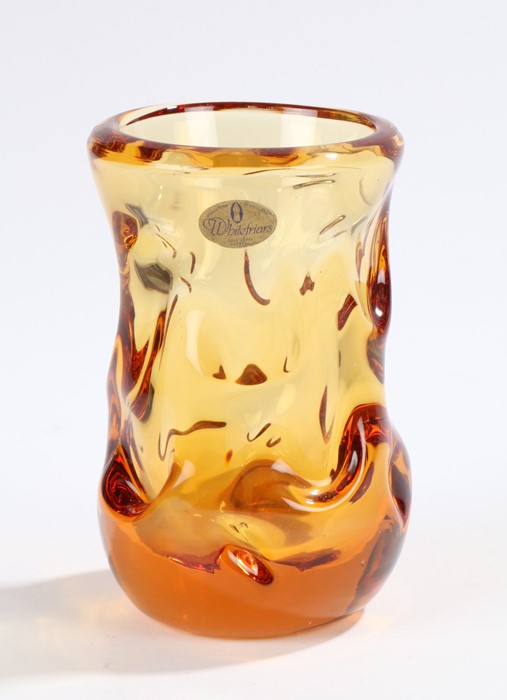 Whitefriars Geoffrey Baxter knobbly range orange glass vase, with sticker to neck, 13cm