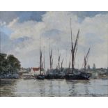 Cavendish Morton (1911-2015), Barges at Pin Mill, River Orwell Suffolk, signed and dated 1970 oil on