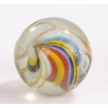 Large 19th Century glass marble, with a solid core swirl and outer yellow band swirl, 35mm diameter