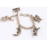 White metal charm bracelet with five Italian and other charms, 26.7g