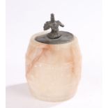 Alabaster tobacco jar, of barrel form, with acanthus leaf cast lead lid, interior tamper, 13cm
