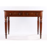 Victorian mahogany writing table, the leather inset top above two frieze drawers and tapering